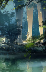  1girl absurdres anklet armlet bare_shoulders blonde_hair blurry blurry_foreground bracelet braid bush closed_eyes column crown_braid dappled_sunlight day dress earrings floating_hair flower full_body gold_bracelet hair_ornament hairclip highres jewelry ligne_claire making-of_available master_sword necklace ornate_clothes pillar plant pointy_ears princess_zelda reflection reflective_water rock sandals scenery short_hair solo standing stone_pillar strapless strapless_dress stream sunlight the_legend_of_zelda tree water white_flower wide_shot wind zm-panda 