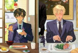  1girl 2boys :t blazer blonde_hair bowl breakfast brown_eyes brown_hair butler chabudai_(table) chopsticks collared_shirt colored_eyelashes counter cup curtained_hair eating food food_request fork fruit fujioka_haruhi grapes hand_towel highres holding holding_bowl holding_chopsticks holding_fork hong_3740 jacket kitchen light_rays multiple_boys necktie omelet ouran_high_school_host_club ouran_high_school_uniform oven_mitts painting_(object) parted_lips picture_frame placemat plate raised_eyebrows rice rice_bowl saucer school_uniform shirt short_hair shouji sink sliding_doors split_screen spoon straight-on sunbeam sunlight suou_tamaki table tablecloth tamagoyaki teacup tile_wall tiles upper_body window yunomi 