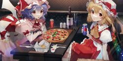  2girls alcohol ascot bat_wings blonde_hair blue_hair bottle brooch can coca-cola collared_shirt crystal crystal_wings cup drink_can drinking_glass english_commentary flandre_scarlet food fork frilled_shirt_collar frills game_cg hat hat_ribbon hatachi highres holding holding_can jewelry ketchup knife looking_at_viewer mayonnaise mob_cap multicolored_wings multiple_girls official_art open_mouth pepsi pink_hat pink_shirt pink_skirt pizza puffy_short_sleeves puffy_sleeves red_ascot red_eyes red_ribbon red_skirt red_vest remilia_scarlet ribbon salt salt_shaker shirt short_hair short_sleeves siblings side_ponytail sisters sitting skirt skirt_set soda_can table third-party_source touhou touhou_lostword vest white_hat wine wine_bottle wine_glass wings wrist_cuffs yellow_ascot 