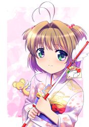  1girl antenna_hair aqua_eyes arrow_(projectile) bell blue_sash brown_hair cardcaptor_sakura closed_mouth flat_chest hair_bobbles hair_intakes hair_ornament hamaya highres himehachi_(hime8manga) holding holding_arrow japanese_clothes jingle_bell kero_(cardcaptor_sakura) kimono kinomoto_sakura obi obiage obijime sash short_hair smile split_mouth two_side_up white_kimono 