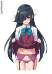  1girl black_hair blush bow bowtie closed_mouth dress ebifurya evil_smile eyebrows_visible_through_hair hair_over_one_eye hair_ribbon hayashimo_(kantai_collection) highres kantai_collection lifted_by_self long_hair panties purple_panties ribbon school_uniform shirt simple_background sleeveless sleeveless_dress smile solo underwear very_long_hair violet_eyes white_background white_shirt 