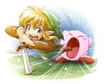  1boy 1other absorbing blonde_hair blue_eyes copy_ability hal_laboratory_inc. hat hoshi_no_kirby kirby kirby_(series) link long_hair male_focus nintendo open_mouth pointy_ears sayoyonsayoyo short_hair simple_background spoilers sword the_legend_of_zelda the_legend_of_zelda:_link&#039;s_awakening tunic weapon 