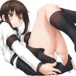  1girl :&lt; anchor_symbol ass bangs black_legwear blue_ribbon blush breasts brown_hair closed_mouth commentary dd_(ijigendd) eyebrows_visible_through_hair fubuki_(kantai_collection) grey_eyes hair_between_eyes kantai_collection kneehighs legs_up long_sleeves looking_at_viewer low_ponytail panties pleated_skirt ponytail ribbon school_uniform serafuku sidelocks simple_background skirt small_breasts solo underwear white_background white_panties 