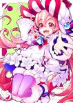  1girl elsword eyebrows_visible_through_hair flower fluffy hat highres holding holding_hat kuroshio_maki laby_(elsword) long_hair ribbon sharp_teeth smile teeth very_long_hair 