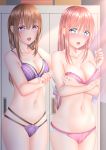  2girls blue_eyes blush bra breast_hold breasts brown_hair cleavage collarbone commentary_request eyebrows_visible_through_hair highres large_breasts locker locker_room long_hair multiple_girls naginagiwaffle nail_polish navel off_shoulder open_mouth original panties pink_bra pink_panties purple_bra purple_panties underwear underwear_only unfastened violet_eyes yuri 