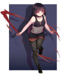  1girl black_hair blackwater blood boots bra choker fang fishnets full_body gothic leg_up long_hair makeup original purple_hair shorts smirk solo tights transparent_shirt vampire violet_eyes vyren_(sinamuna) wayanfa 