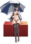  1girl absurdres animal_ears ass_visible_through_thighs atago_(azur_lane) azur_lane bangs black_hair black_legwear breasts cleavage commentary eun_bari extra_ears high_heels highres holding holding_umbrella large_breasts logo long_hair mole mole_under_eye navel racequeen ribbon shrug simple_background sitting sitting_on_object smile solo swept_bangs thigh-highs thigh_gap two-tone_bikini umbrella white_background white_footwear white_ribbon wrist_cuffs 