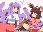  2girls ahoge arm_support bangs breasts brown_hair brown_wings carrot_necklace checkered checkered_background commentary dress eyebrows_visible_through_hair fangs feathered_wings feet_out_of_frame forked_tongue hair_between_eyes harpy head_wings inaba_tewi indian_style large_breasts long_hair long_skirt looking_at_another monster_girl monsterification multiple_girls open_mouth pink_background pink_dress pink_skirt puffy_short_sleeves puffy_sleeves purple_hair red_eyes reisen_udongein_inaba revision shirosato shirt short_hair short_sleeves sitting skirt slit_pupils snake snake_hair thighs tongue touhou very_long_hair white_shirt winged_arms wings 