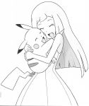  1girl creatures_(company) game_freak gen_1_pokemon highres hug lillie_(pokemon) long_hair monochrome nintendo official_art open_mouth pikachu pokemon pokemon_(anime) pokemon_sm_(anime) tail 