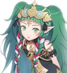  1girl braid cape dragon fire_emblem fire_emblem:_three_houses gem gonzarez green_eyes green_hair jewelry long_hair looking_at_viewer mamkute nintendo pointy_ears simple_background solo sothis tiara twin_braids twintails white_background 