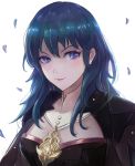  1girl armor blue_eyes blue_hair breasts byleth cape fire_emblem fire_emblem:_three_houses leonmandala long_hair looking_at_viewer nintendo short_hair simple_background smile uniform white_background 