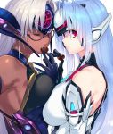  2girls android bare_shoulders blue_eyes blue_hair breasts chocolate cleavage dark_skin elbow_gloves expressionless forehead_protector glasses gloves kos-mos kos-mos_re: large_breasts long_hair looking_at_viewer multiple_girls negresco nintendo one_eye_closed red_eyes silver_hair t-elos t-elos_re valentine very_long_hair xenoblade_(series) xenoblade_2 xenosaga xenosaga_episode_iii 