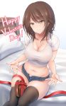  1girl bangs bed bed_sheet bedroom breasts brown_hair chocolate chocolate_heart cleavage closed_mouth commentary_request denim denim_shorts denpa_(denpae29) heart indoors large_breasts navel original pillow red_ribbon ribbon shirt short_shorts shorts sitting smile solo stomach thigh-highs thighs valentine white_shirt yellow_eyes 