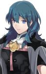  1girl armor blue_eyes blue_hair breasts byleth cape fire_emblem fire_emblem:_three_houses long_hair looking_at_viewer nintendo rem_sora410 short_hair simple_background solo white_background 