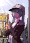  1girl alternate_costume aqua_eyes aqua_hair aqua_nails baseball_cap black_jacket blazer blue_dress blush building can city clothes_writing commentary_request day dress emblem grey_hat grey_jacket hair_between_eyes hat hatsune_miku highres holding jacket light_rays long_hair long_sleeves looking_at_viewer nail_polish nejikyuu outdoors parted_lips scarf shade soda_can solo sunbeam sunlight sweater turtleneck twintails two-handed unbuttoned upper_body very_long_hair vocaloid white_sweater 