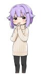  1girl :o arms_up black_pants blush brown_eyes hair_ornament hands_together idolmaster idolmaster_cinderella_girls koshimizu_sachiko lavender_hair long_sleeves looking_at_viewer moru_(monaka) pants ribbed_sweater short_hair simple_background solo standing sweater tan_sweater turtleneck turtleneck_sweater white_background x_hair_ornament 