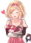  2girls :d absurdres bangs black_robe blonde_hair blush box brown_hair brown_shirt character_request closed_eyes collarbone commentary_request djeeta_(granblue_fantasy) eyebrows_visible_through_hair facing_viewer gauntlets gift gift_box granblue_fantasy hairband halo highres long_hair long_sleeves multiple_girls natsu_(sinker8c) object_hug open_mouth pale_skin pink_hairband pink_skirt puffy_short_sleeves puffy_sleeves shirt short_over_long_sleeves short_sleeves simple_background skirt smile solo_focus swept_bangs valentine white_background wide_sleeves 