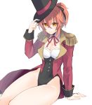  1girl arm_support black_hat black_leotard black_ribbon blush breasts choker cleavage eyebrows_visible_through_hair fate/grand_order fate_(series) fujimaru_ritsuka_(female) hair_between_eyes hair_ribbon hat highleg highleg_leotard leotard long_hair long_sleeves looking_at_viewer medium_breasts neck_ribbon orange_eyes orange_hair ponytail red_ribbon ribbon shino-o simple_background sitting smile solo strapless strapless_leotard white_background 