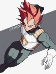  1boy armor dragon_ball dragon_ball_super dragon_ball_super_broly dutch_angle expressionless fighting_stance frown gloves grey_background highres leg_up looking_away male_focus outstretched_arms red_eyes redhead serious shaded_face short_hair simple_background spiky_hair striped striped_background super_saiyan_god tama_azusa_hatsu twitter_username two-tone_background vegeta white_background white_gloves 