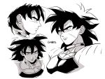  1boy armor black_hair broly_(dragon_ball_super) clone close-up dragon_ball dragon_ball_super_broly expressionless face from_above from_below frown greyscale highres jewelry looking_away male_focus monochrome necklace profile scar serious shaded_face simple_background spiky_hair tama_azusa_hatsu twitter_username upper_body white_background 