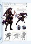  1boy armor armored_boots bandage bangs belt boots character_name dagger full_body granblue_fantasy hair_between_eyes highres holding holding_weapon lineart long_hair long_sleeves looking_at_viewer male_focus minaba_hideo multiple_views non-web_source official_art page_number purple_hair scan scarf simple_background standing translation_request violet_eyes weapon zehek 