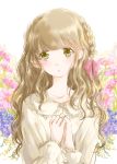  1girl absurdres arms_up bangs blouse blush braid brown_eyes collarbone commentary_request eyebrows_visible_through_hair floral_background flower french_braid hair_ribbon hands_on_own_chest hands_together head_tilt highres hoshiibara_mato light_brown_hair long_hair long_sleeves looking_at_viewer original parted_lips pink_ribbon ribbon solo spring_(season) upper_body wavy_hair white_background white_blouse 