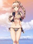  1girl bikini breasts character_request closed_mouth clouds commentary_request erect_nipples gloves high_ponytail kantai_collection long_hair looking_at_viewer medium_breasts outdoors ship sky smile solo standing swimsuit v very_long_hair water watercraft 