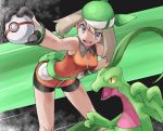  1girl :d bandanna bangs bare_shoulders bent_over bike_shorts breasts collared_dress creatures_(company) dress eyebrows_visible_through_hair fanny_pack game_freak gen_3_pokemon gloves grey_eyes grovyle hand_on_hip haruka_(pokemon) highres holding holding_poke_ball legs_apart light_brown_hair looking_at_viewer medium_breasts nintendo open_mouth orange_dress outstretched_arm poke_ball pokemon pokemon_(creature) pokemon_(game) pokemon_emerald pokemon_rse premier_ball pretty-purin720 short_dress sleeveless sleeveless_dress smile teeth 