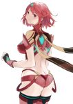  1girl armor ass bangs covered_navel duu_(derhnky9f4) earrings fingerless_gloves gem gloves headpiece pyra_(xenoblade) jewelry looking_at_viewer nintendo red_eyes redhead short_hair simple_background solo swept_bangs tiara xenoblade_(series) xenoblade_2 