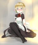  1boy alternate_costume apron black_legwear blonde_hair blush crossdressinging dress elf embarrassed enmaided feet green_eyes kanahito_(irohami) looking_at_viewer maid male_focus neck_ribbon original pantyhose pointy_ears ribbon solo sweatdrop trap 