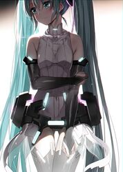  1girl aqua_eyes aqua_hair ass_visible_through_thighs backlighting blush bridal_gauntlets hatsune_miku highres holding_own_arm hoshii_hisa long_hair miku_append solo thigh-highs thigh_gap twintails very_long_hair vocaloid vocaloid_append 