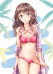  1girl bangs bare_shoulders bikini bikini_tug blue_eyes blush breasts brown_hair cleavage collarbone commentary_request cowboy_shot eyebrows_visible_through_hair groin hair_between_eyes head_tilt highres leaf long_hair long_sleeves looking_at_viewer medium_breasts navel off_shoulder open_clothes original parted_lips pink_bikini sidelocks solo standing stomach swimsuit thighs tree_branch wavy_hair white_background yoshida_iyo 