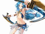  1girl aqua_hair armpits blue_eyes breasts cowboy_shot dana_(ys) dual_wielding foreshortening gauntlets hair_ornament holding long_hair looking_at_viewer low-tied_long_hair midriff navel reverse_grip shinokawa7 simple_background small_breasts solo sword twintails weapon white_background ys ys_viii_lacrimosa_of_dana 