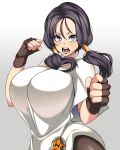  1girl absurdres alternate_breast_size badge black_gloves black_hair blue_eyes breasts camui_kamui dragon_ball dragonball_z fingerless_gloves gloves hair_between_eyes highres huge_breasts long_hair looking_at_viewer open_mouth shirt short_sleeves simple_background solo twintails videl white_background white_shirt 