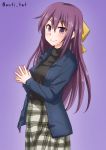  1girl alternate_costume anti_(untea9) black_sweater blazer blue_jacket bow commentary_request cowboy_shot grey_skirt hair_bow hands_together highres jacket kamikaze_(kantai_collection) kantai_collection long_hair looking_at_viewer plaid plaid_skirt purple_background purple_hair simple_background skirt smile solo sweater turtleneck twitter_username violet_eyes yellow_bow 