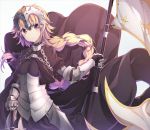  1girl absurdres armor armored_dress bangs black_dress blonde_hair blush braid breasts chains commentary_request cowboy_shot dress eyebrows_visible_through_hair fate/apocrypha fate_(series) flag gauntlets hair_ornament hand_on_weapon headpiece highres holding jeanne_d&#039;arc_(fate) jeanne_d&#039;arc_(fate)_(all) large_breasts lira long_hair looking_at_viewer short_hair solo standard_bearer sword violet_eyes weapon 