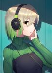  1girl absurdres bangs black_dress breasts brown_eyes dress eyebrows_visible_through_hair gradient_hair green_hair green_sweater hair_between_eyes hand_up headphones highres kamonegi_(meisou1998) light_brown_hair long_sleeves looking_at_viewer looking_to_the_side multicolored_hair original parted_lips short_hair signature sleeveless sleeveless_dress sleeves_past_wrists small_breasts solo sweater sweater_under_dress turtleneck turtleneck_sweater upper_body 