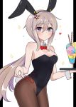  9a-91_(girls_frontline) absurdres animal_ears bare_shoulders black_hairband black_leotard blue_eyes blush body_blush breasts brown_legwear bunny_tail bunnysuit cleavage cowboy_shot detached_collar expressionless fake_animal_ears fake_tail finesoda food girls_frontline hair_ornament hairband heart highleg highleg_leotard highres holding holding_tray ice_cream leotard long_hair low_twintails medium_breasts motion_lines pantyhose pillarboxed rabbit_ears red_neckwear red_ribbon ribbon side-tie_leotard sidelocks silver_hair simple_background sparkle star star_hair_ornament strapless strapless_leotard tail tray twintails untying very_long_hair white_background wrist_cuffs 