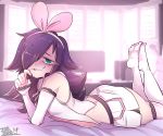  1girl a.i._channel ass black_hair bow cosplay green_eyes hair_over_one_eye hairband huge_ass indoors inkbuns kizuna_ai kizuna_ai_(cosplay) kuroki_tomoko long_hair looking_at_viewer lying on_stomach parted_lips pink_bow pink_hairband shorts solo sweat teeth the_pose thigh-highs watashi_ga_motenai_no_wa_dou_kangaetemo_omaera_ga_warui! wavy_mouth white_legwear white_shorts 