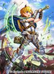  1boy alternate_costume armor armored_boots arrow blonde_hair blue_eyes book boots cape chachie faceless faceless_male fingerless_gloves fire_emblem:_shin_monshou_no_nazo fire_emblem_cipher flag gloves grass helmet horse leaf male_focus official_art open_mouth polearm sky solo spear sword weapon yubello 