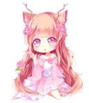  ak8chan animal_ears antlers bare_shoulders blonde_hair braid brown_hair cherry_blossom chibi deer_ears deer_girl detached_sleeves eyebrows_visible_through_hair flower full_body japanese_clothes kimono leg_ribbon long_hair miyuki_(sinamuna) on_knees open_mouth original petals pink_eyes poking ribbon roses sakura short_kimono sitting solo traditional_clothes very_long_hair violet_eyes 