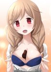  1girl absurdres blue_bra blush bra braid breasts chocolate chocolate_heart chocolate_on_breasts cleavage heart highres kantai_collection large_breasts minegumo_(kantai_collection) open_clothes open_shirt red_eyes selvalanch solo twin_braids underwear upper_body 