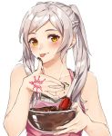  1girl apron bowl chocolate cute female_my_unit_(fire_emblem:_kakusei) fire_emblem fire_emblem:_kakusei fire_emblem_heroes highres holding holding_bowl intelligent_systems kamu_(kamuuei) long_hair my_unit_(fire_emblem:_kakusei) nintendo simple_background solo tongue tongue_out twintails upper_body white_background white_hair yellow_eyes 