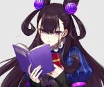  1girl 3: artist_name black_hair book box fate/grand_order fate_(series) flying_sweatdrops frills gift gift_box hair_ornament holding holding_book holding_gift murasaki_shikibu_(fate) namakawa open_book puff_and_slash_sleeves puffy_sleeves ribbon-trimmed_clothes ribbon_trim signature simple_background solo sweatdrop two_side_up violet_eyes 