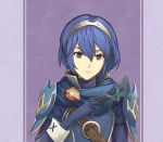  absurdres armor blue_gloves blue_hair closed_mouth dakkalot fire_emblem fire_emblem:_kakusei fire_emblem_heroes gloves hair_between_eyes highres lucina mask nintendo short_hair shoulder_armor smile strap tiara 