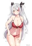  1girl :o antenna_hair artist_name azur_lane bangs bare_shoulders black_ribbon blush bra breasts brown_eyes cleavage collarbone commentary_request eyebrows_visible_through_hair eyes_visible_through_hair hair_ribbon head_tilt highres jewelry kaetzchen large_breasts leaning_forward lingerie long_hair looking_at_viewer mole mole_on_breast multicolored_hair navel panties parted_lips prinz_eugen_(azur_lane) red_bra red_panties redhead ribbon ring see-through signature silver_hair simple_background solo standing streaked_hair swept_bangs two_side_up underwear very_long_hair wedding_band white_background 