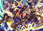  1girl 2boys armor armored_boots back blue_hair boots brown_eyes brown_hair faceless faceless_male fingerless_gloves fire_emblem fire_emblem_cipher fire_emblem_if flag gloves hinata_(fire_emblem_if) katana long_hair mace multiple_boys nintendo oboro_(fire_emblem_if) official_art polearm ponytail scar shield solo spear sword takumi_(fire_emblem_if) teeth weapon yellow_eyes yoneko_okome 