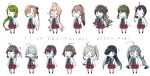  6+girls ahoge akigumo_(kantai_collection) asashimo_(kantai_collection) bangs black_hair black_ribbon blue_neckwear blunt_bangs blush_stickers bow bowtie braid brown_hair character_name chibi chimaki. double_bun dress english_text fujinami_(kantai_collection) glasses gradient_hair green_hair grey_hair grey_legwear hair_over_one_eye hair_over_shoulder hair_ribbon hamanami_(kantai_collection) hayanami_(kantai_collection) hayashimo_(kantai_collection) highres kantai_collection kazagumo_(kantai_collection) kishinami_(kantai_collection) kiyoshimo_(kantai_collection) long_hair long_sleeves makigumo_(kantai_collection) multicolored_hair multiple_girls naganami_(kantai_collection) necktie odd_one_out okinami_(kantai_collection) open_mouth pantyhose pink_hair pleated_dress ponytail purple_dress purple_hair ribbon school_uniform seamed_legwear shirt short_hair side-seamed_legwear sidelocks silver_hair simple_background single_braid sleeveless sleeveless_dress sleeves_past_fingers sleeves_past_wrists standing takanami_(kantai_collection) thigh-highs twintails two-tone_hair wavy_hair white_background white_ribbon white_shirt yuugumo_(kantai_collection) |_| 