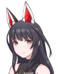  1girl agatsuma_kaede alice_gear_aegis artist_name black_hair blush closed_mouth collarbone disco_brando extra_ears eyebrows_visible_through_hair grey_eyes highres looking_at_viewer simple_background sleeveless smile solo twitter_username upper_body white_background 