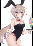  9a-91_(girls_frontline) absurdres animal_ears bare_shoulders black_hairband black_leotard blue_eyes blush body_blush breasts bunny_tail bunnysuit cleavage commentary_request cowboy_shot detached_collar expressionless fake_animal_ears fake_tail finesoda food girls_frontline hair_ornament hairband heart highleg highleg_leotard highres holding holding_tray ice_cream korean_commentary leotard long_hair low_twintails medium_breasts motion_lines pillarboxed rabbit_ears red_neckwear red_ribbon ribbon side-tie_leotard sidelocks silver_hair simple_background sparkle star star_hair_ornament strapless strapless_leotard tail tray twintails untying very_long_hair white_background wrist_cuffs 